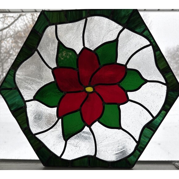 Beautiful Handmade Stained Glass Sun Catcher Christmas Poinsettia Holiday Decor - Picture 1 of 13